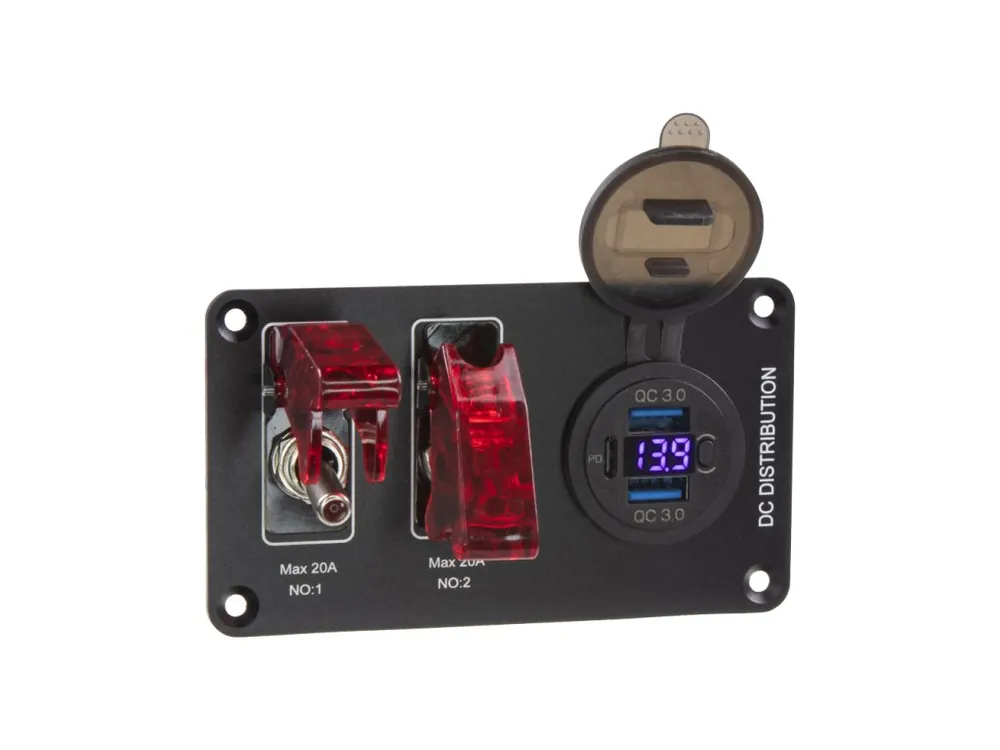 Ušetřete nyní - Panel s 2x spínači + 2xUSB, 1xUSB-C + voltmetr 12V