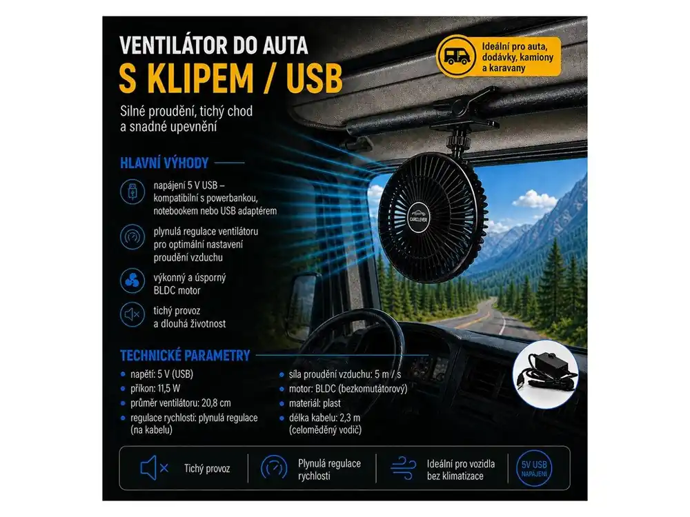Ventilátor 208 mm na klip USB | Ušetřete více
